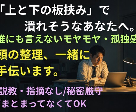 仕事や人間関係の悩み、頭の整理をお手伝いします 上下から求められて誰にも頼れず一人で抱え込んでいませんか？ イメージ1