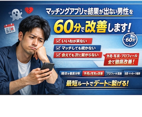 60分でマッチングアプリ改善します いいねが来ない・続かない原因を60分で徹底改善します イメージ1