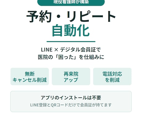 現役看護師がLINE予約・リピートを自動化します 無断キャンセル削減・再来院アップ。デジタル会員証にも対応 イメージ1