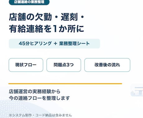 店舗の欠勤・遅刻・有給連絡を1か所に整理します LINE・電話・口頭の連絡を確認しやすい流れに整理します イメージ1