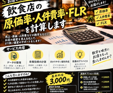 飲食店の原価率、人件費率、FLRを計算します 原価率、人件費率、FLRの計算 イメージ1