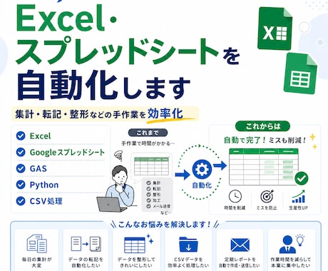 Excel・スプレッドシートを自動化します 集計・転記・整形などの手作業を効率化します イメージ1