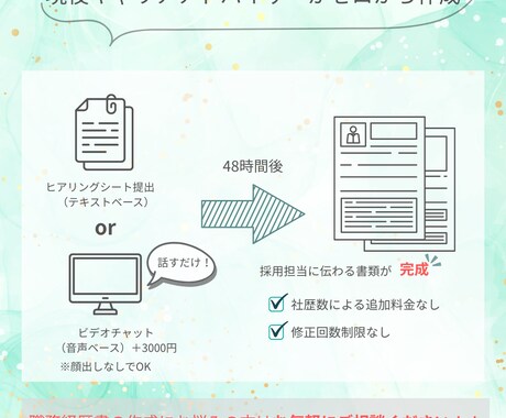 採用側の視点で“通過する職務経歴書”を作成します ゼロから作成｜女性転職に強い｜現役キャリアアドバイザー イメージ2