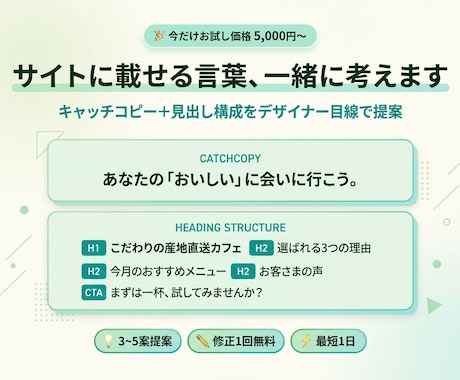 サイトに載せる言葉、一緒に考えます キャッチコピーと見出し構成をWebデザイナー目線で提案します イメージ1