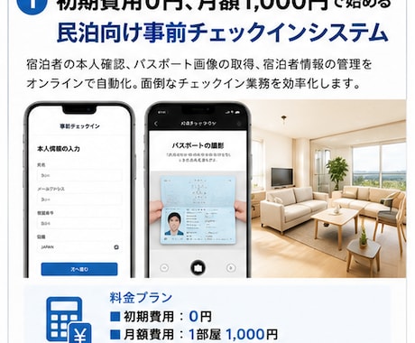 民泊チェックイン（ＩＣＴ）システムを使用頂けます 民泊運営をもっとラクに、もっと安全に イメージ1