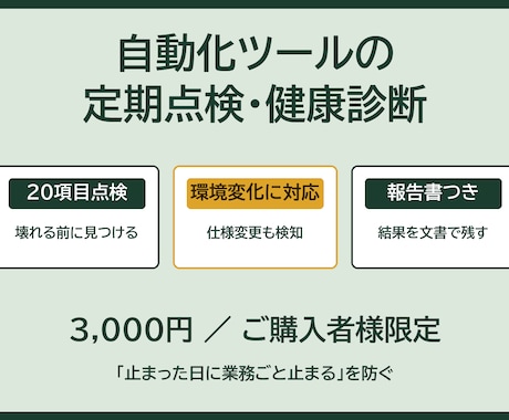 ご購入者様限定で自動化ツールを定期点検します 評価5.0┃壊れる前に20項目の健康診断 イメージ1