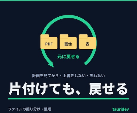 ファイルを失わずに振り分け・整理します 上書きせず・失わず・いつでも元に戻せる形で整理します イメージ1