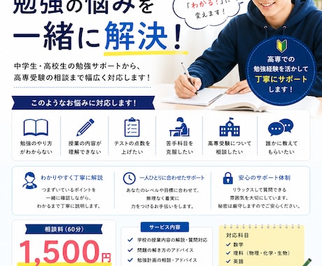 現役高専生が小中学生の勉強をサポートします 算数・国語・理科・社会の質問や宿題のサポートを行います。 イメージ1