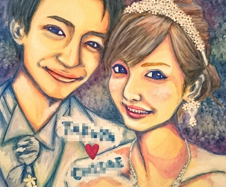 結婚式のテーマにあったお二人の似顔絵を描きます ウェルカムボードや両親への記念品にピッタリの似顔絵を描きます イメージ2