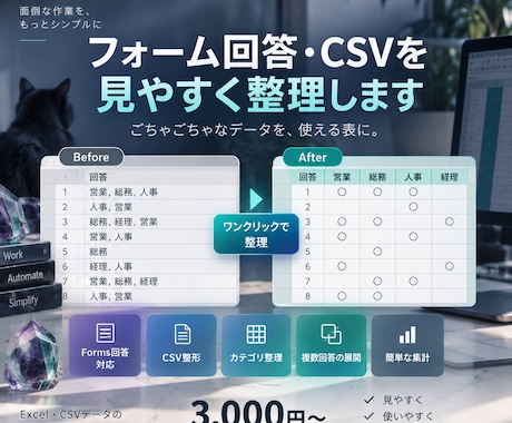 フォーム回答・CSVを見やすく整えます バラバラな回答データを、使いやすい表に整理します イメージ1
