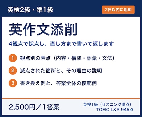 英検2級・準1級の英作文を4観点で添削します イメージ1