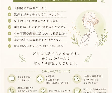 気持ちを整理したい貴方へ。否定せずゆっくり聴きます 「誰かに話したい」その気持ち、聴かせてください イメージ2