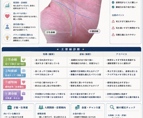 手相×性格分析で“本当の自分”を可視化します 仕事・恋愛・強みが一枚でわかる イメージ2