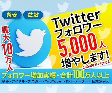 Twitterのフォロワー【5000人】増やします Twitter集客・フォロワー増やし・宣伝・拡散手伝います！ イメージ1