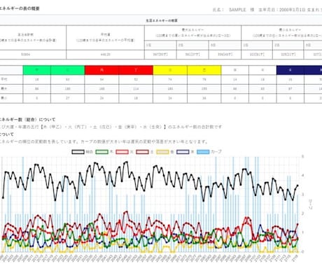 生涯の運命エネルギー・運気を一覧表でにお渡しします 一生分（120年分）の運気エネルギー数の変遷がわかります