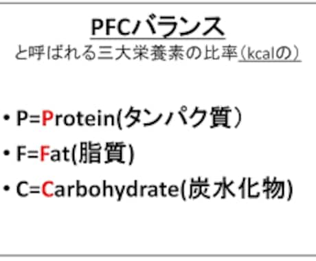 あなたに合ったPFC比を伝授します 三大栄養素のたんぱく質脂質糖質のバランスを計算します イメージ1