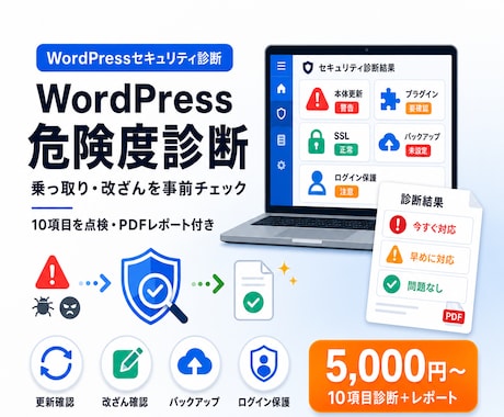 WordPressの危険度を点検しレポートします 乗っ取り・改ざんは起きる前に。士業サイト保守実績あり イメージ1
