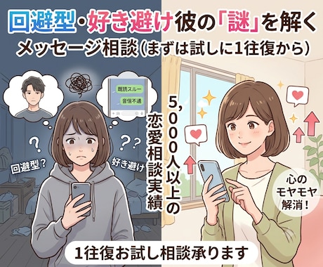回避型、好き避けのお相手とのお悩み相談します メッセージ相談です、まずは気軽に♪１往復から承ります。 イメージ1