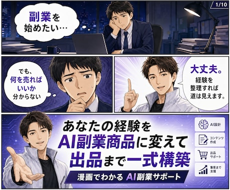 あなたの経験をAI副業商品にして出品まで作ります 商品設計・販売文・画像・専用AI・集客文まで一式納品 イメージ1