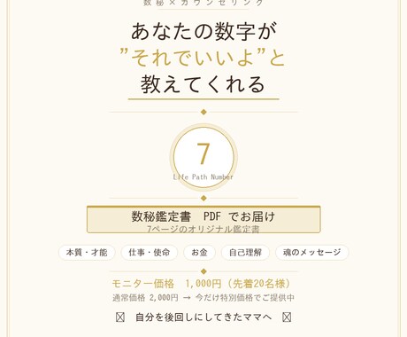 あなただけの数秘鑑定書をお届けします 数秘×カウンセラーが贈るあなただけのPDF鑑定書。 イメージ1