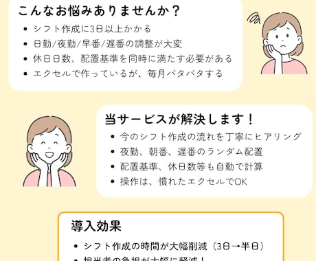 煩雑なシフト表作成を半自動化し、効率化します 日勤夜勤、朝番遅番、休日数の確保等、複雑な条件を自動設定！ イメージ1