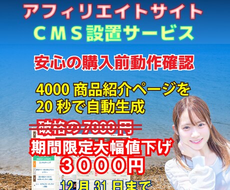 アフィリエイトサイトCMSを設置いたします 約4000件の商品紹介ページを約20秒で自動生成します。 イメージ1