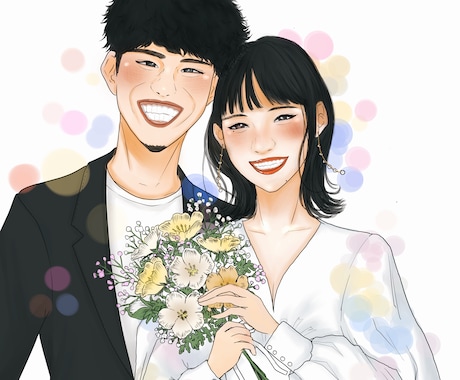 柔らかい雰囲気の似顔絵イラストを描きます 結婚式のウェルカムボードやプレゼント用の似顔絵イラストです。 イメージ1