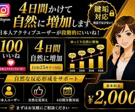 4日間かけてInstagram鍵垢いいね増加します 日本人いいね100件！1日25件ずつゆっくり自然な増加 イメージ1