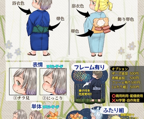 ＳＤ大量生産イラスト企画を描きます 【ＳＤ×浴衣】夏らしく涼しい企画ですね！フレーム有り花火付き イメージ2