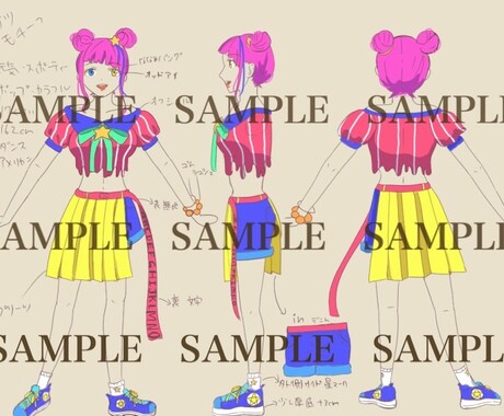 キャラクターデザイン衣装デザインを3面図で描きます 修正回数無制限、詳細説明、どちらも無料で致します♪ イメージ1