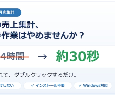 毎月のExcel・CSV集計を自動化します その集計、毎月2〜4時間。来月からは、約30秒。 イメージ1