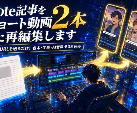 note記事をショート動画2本に再編集します 記事URLを送るだけ！台本・字幕・AI音声・BGM込み イメージ1