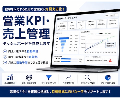 営業KPI・売上管理表を作成します 営業数字を見える化し、改善点まで把握できます イメージ1