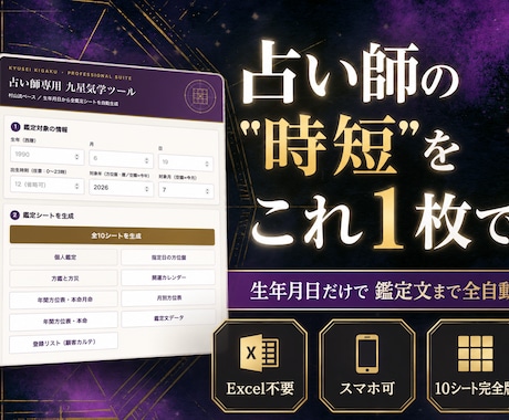 九星気学ツール自動鑑定を提供致します Excel不要。なぜこの結果かまで自動で表示。 イメージ1