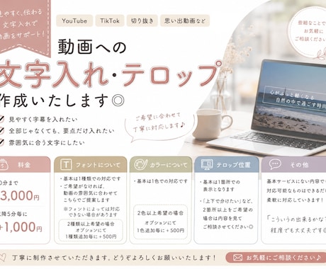 動画のテロップ入れの代行を3,000円で承ります 動画のテロップ(字幕)入れ代行を承ります◎ イメージ1