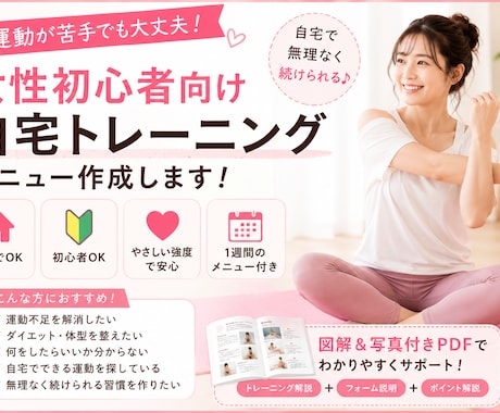 女性初心者向け：自宅筋トレ作成します 無理なくつづけれる優しいメニュー！ イメージ1