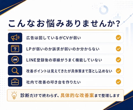 広告・LP・LINE導線の改善ポイントを整理します メーカー出身が具体的にインパクトがある改善案をお届け。 イメージ2