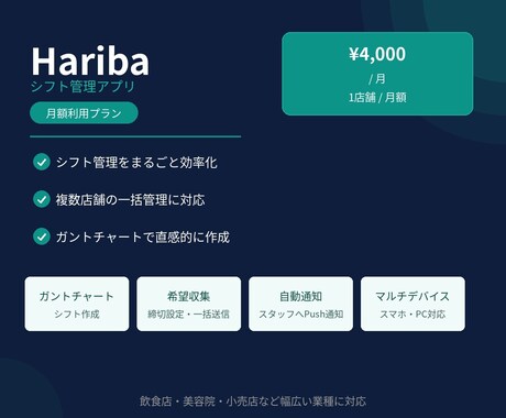 Haribaシフト管理アプリを月額で提供します 希望収集・シフト作成・通知まで全部Haribaで イメージ1