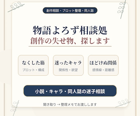 物語よろず相談処｜創作の迷子を探しますます 小説・キャラ・同人相談なくした筋と迷ったキャラをほどきます イメージ1