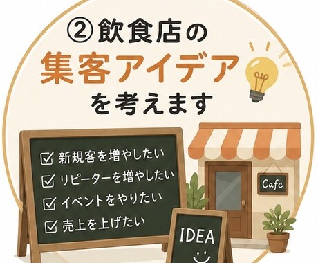 飲食店の集客アイデアを考えます 「お客さんを増やしたい！」を一緒に解決します。 イメージ1