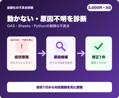 動かないGAS・Pythonを診断修正します 症状1行から原因候補・対応範囲・修正1件を整理します イメージ2