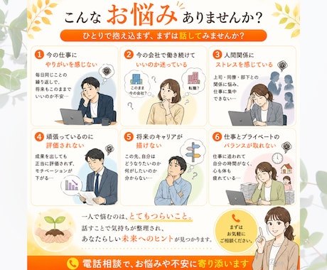 仕事・転職・人間関係の悩みお聴きします 20年の相談経験で心と頭を整理します【有資格者】 イメージ2