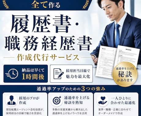 履歴書・経歴書を作成し書類通過率を上げます 現役エージェント会社の役員が書類通過率が上がる書類を作ります イメージ1
