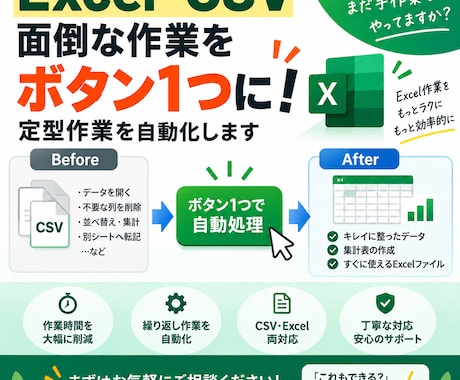 Excel・CSVの面倒な作業をボタン1つにします 毎回くり返しているExcelそろそろ自動化しませんか？ イメージ1