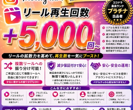 インスタのリール再生回数＋5000回拡散します 振り分け可能/Instagram/リール動画/保証付き イメージ1