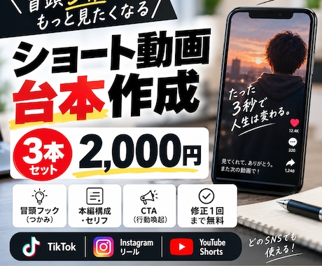 離脱されにくいショート動画台本を作成します 冒頭3秒を重視した構成で視聴者を惹きつけま イメージ1