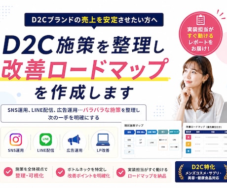 D2C施策を整理し改善ロードマップを作成します SNS運用、LINE配信、施策を整理し次の一手を明確化 イメージ1