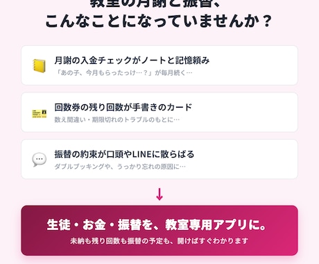 教室の月謝・回数券を管理するアプリを制作します 月謝の集金・回数券・振替を、スマホでまとめて管理 イメージ2
