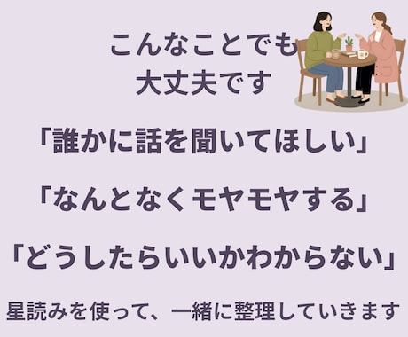 今の悩みを丁寧にヒアリング、星から整理していきます 今のあなたに必要なテーマと活かせていない力を星で読み解きます イメージ2