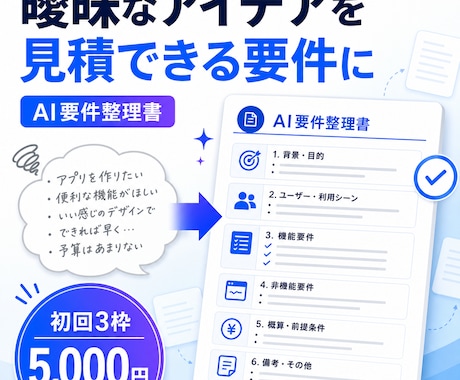 曖昧なシステム案をAI要件整理書にまとめます 開発相談前に要望と工数のたたき台を整理 イメージ1